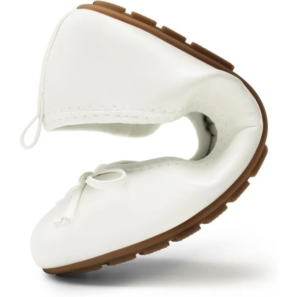 Women's White Bowknot Round Toe Comfort Light Weight Slip-on Foldable Flats